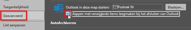 Prullenbak leegmaken bij het sluiten van Outlook